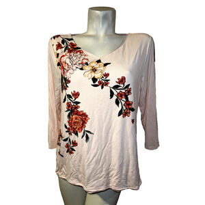 CHICO'S Top Size L (2) Pink V-neck Touch of Cool Floral High Wide Tee Shirt